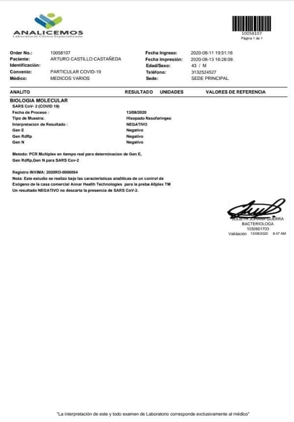 Pruebas Covid-19 de Concejales de Ibagué
