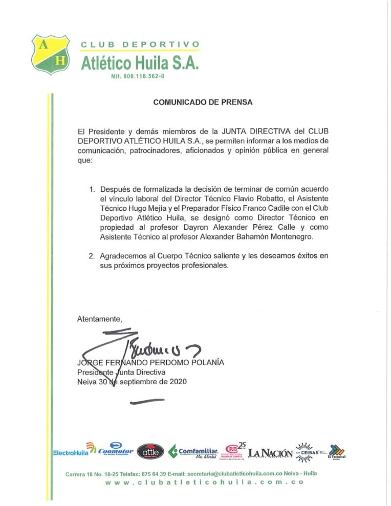 Tras comunicado oficial, dayron Pérez es el nuevo técnico del Huila
