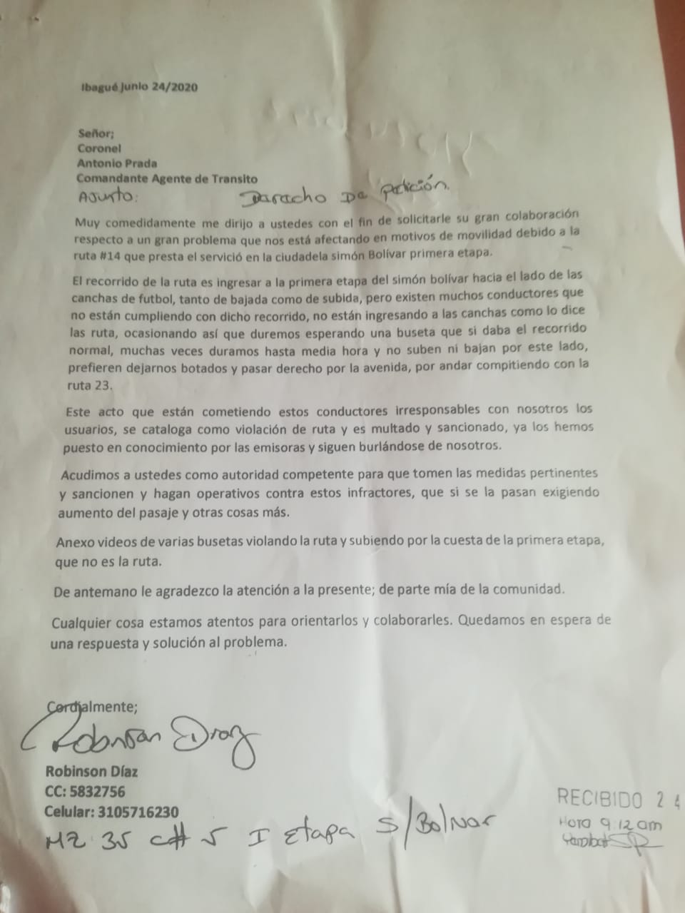 carta de petición a la Alcaldía de Ibagué
