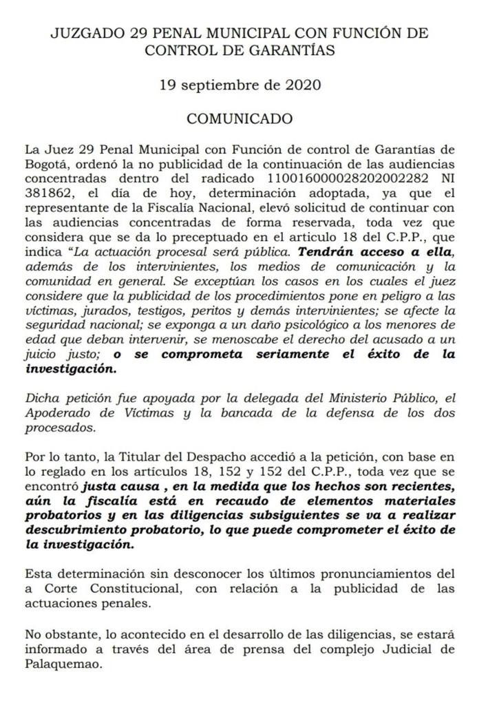 COMUNICADO JUEZ DE GARANTÍAS - CASO JAVIER ORDÓÑEZ