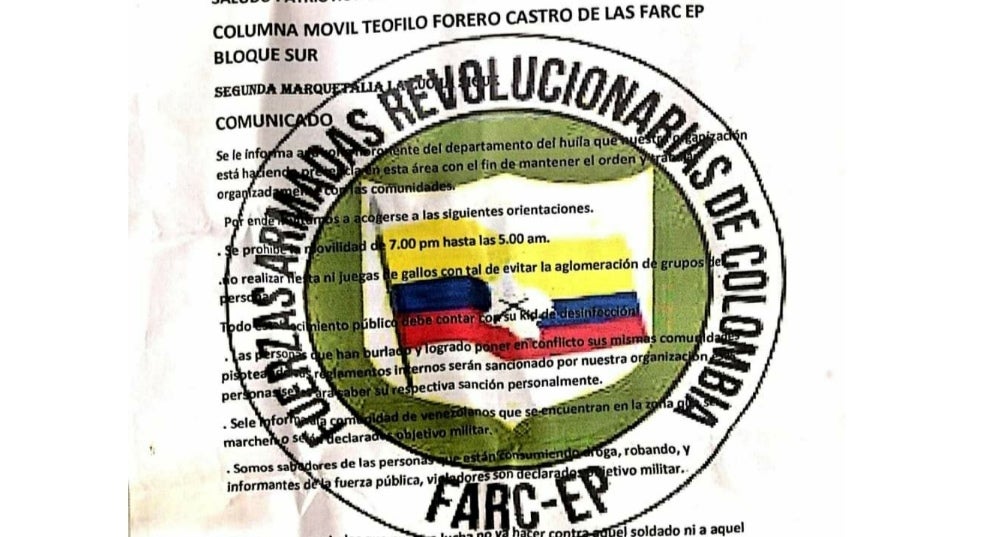 Presunto panfleto de la Farc, prohíbe aglomeraciones en zona rural de Neiva