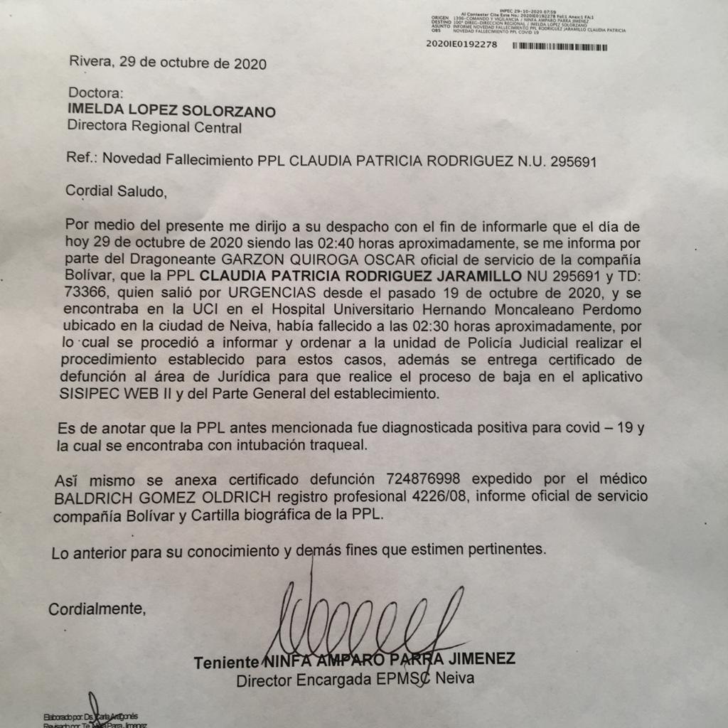 Falleció reclusa en Neiva