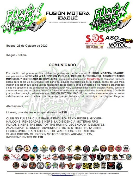 Comunicado de Fusión Motera Ibagué
