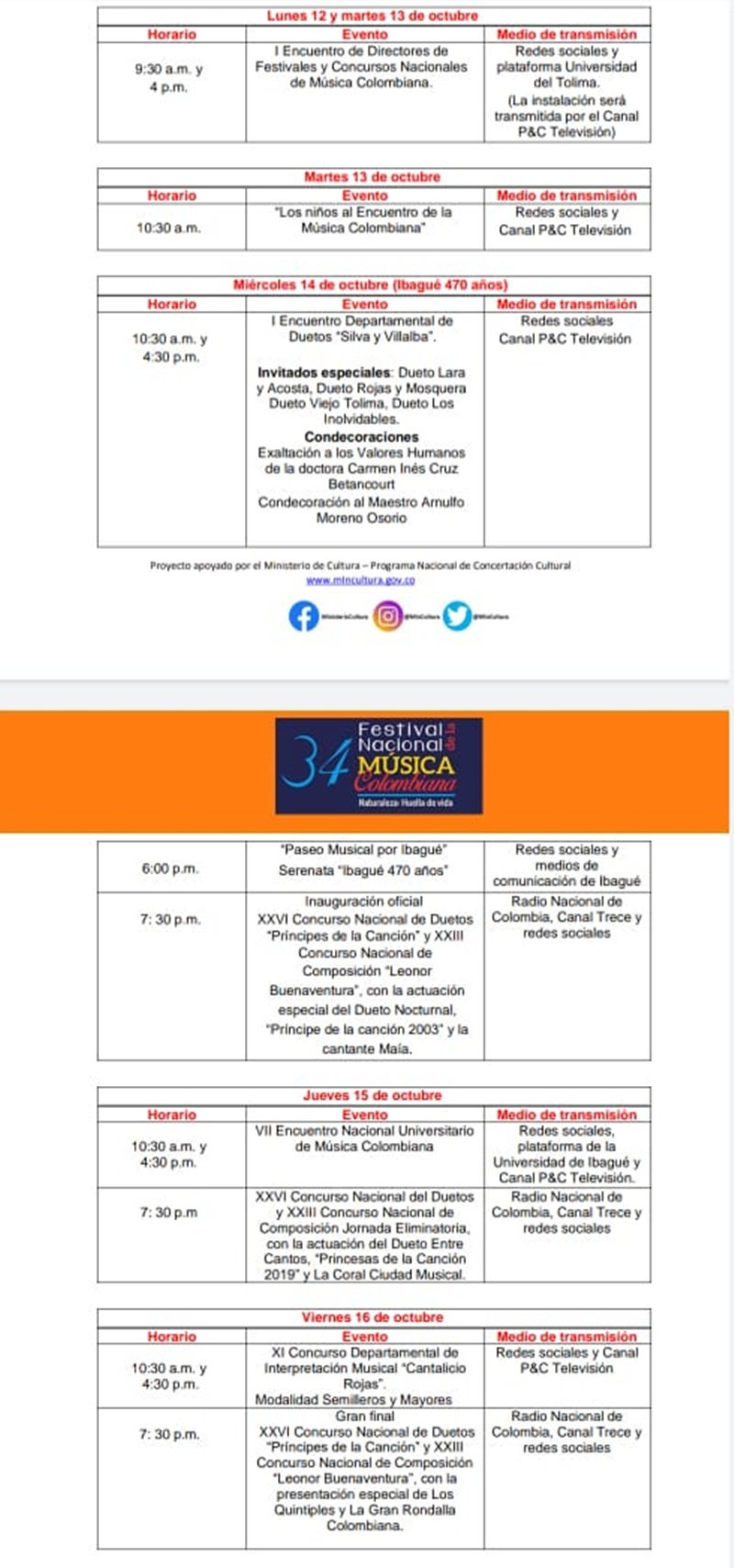 Programación Festival Nacional de la Música Colombiana