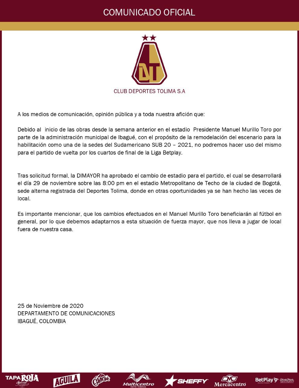 Deportes Tolima confirma que jugará fuera de casa