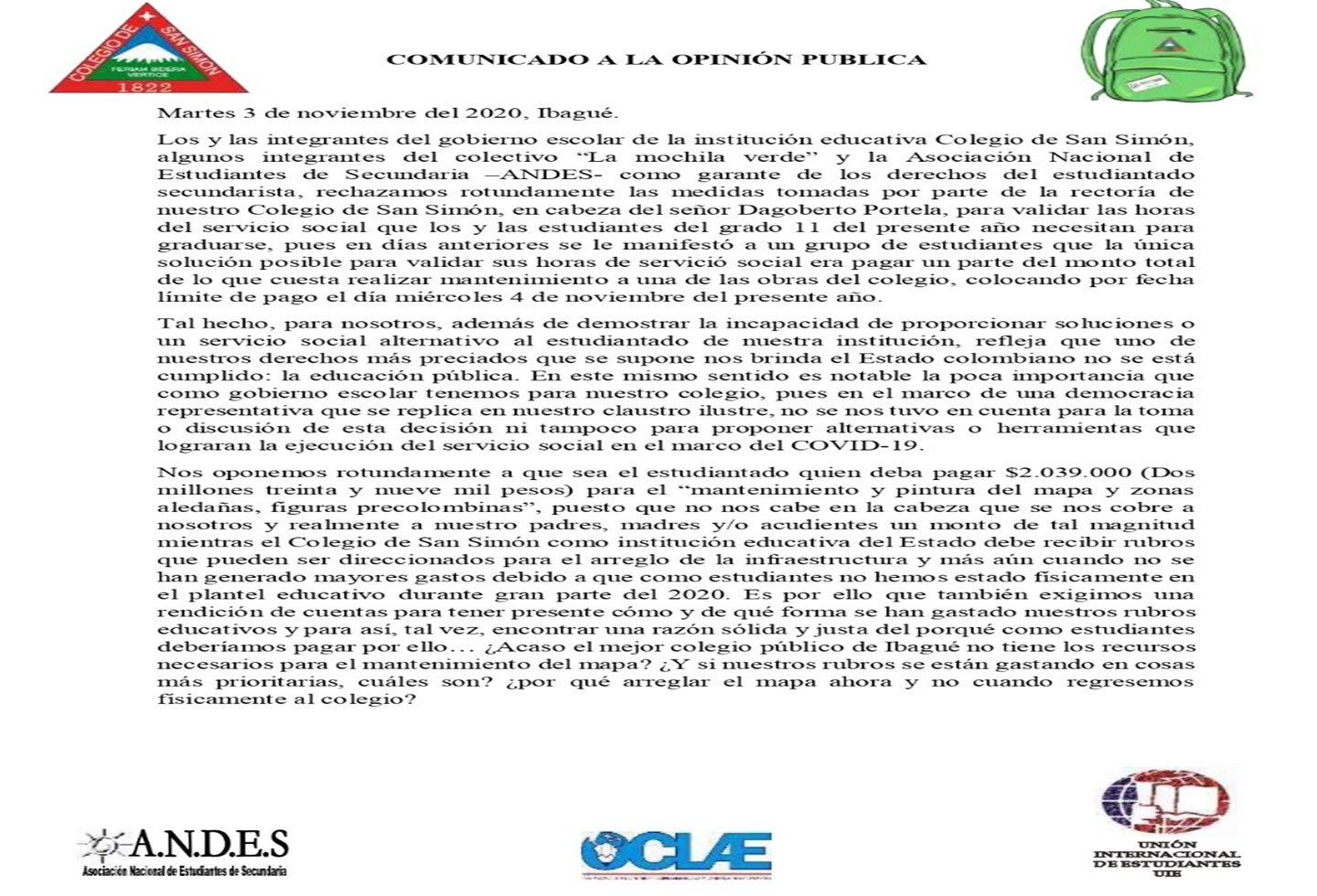Inconformismo estudiantes del colegio San Simón en Ibagué2