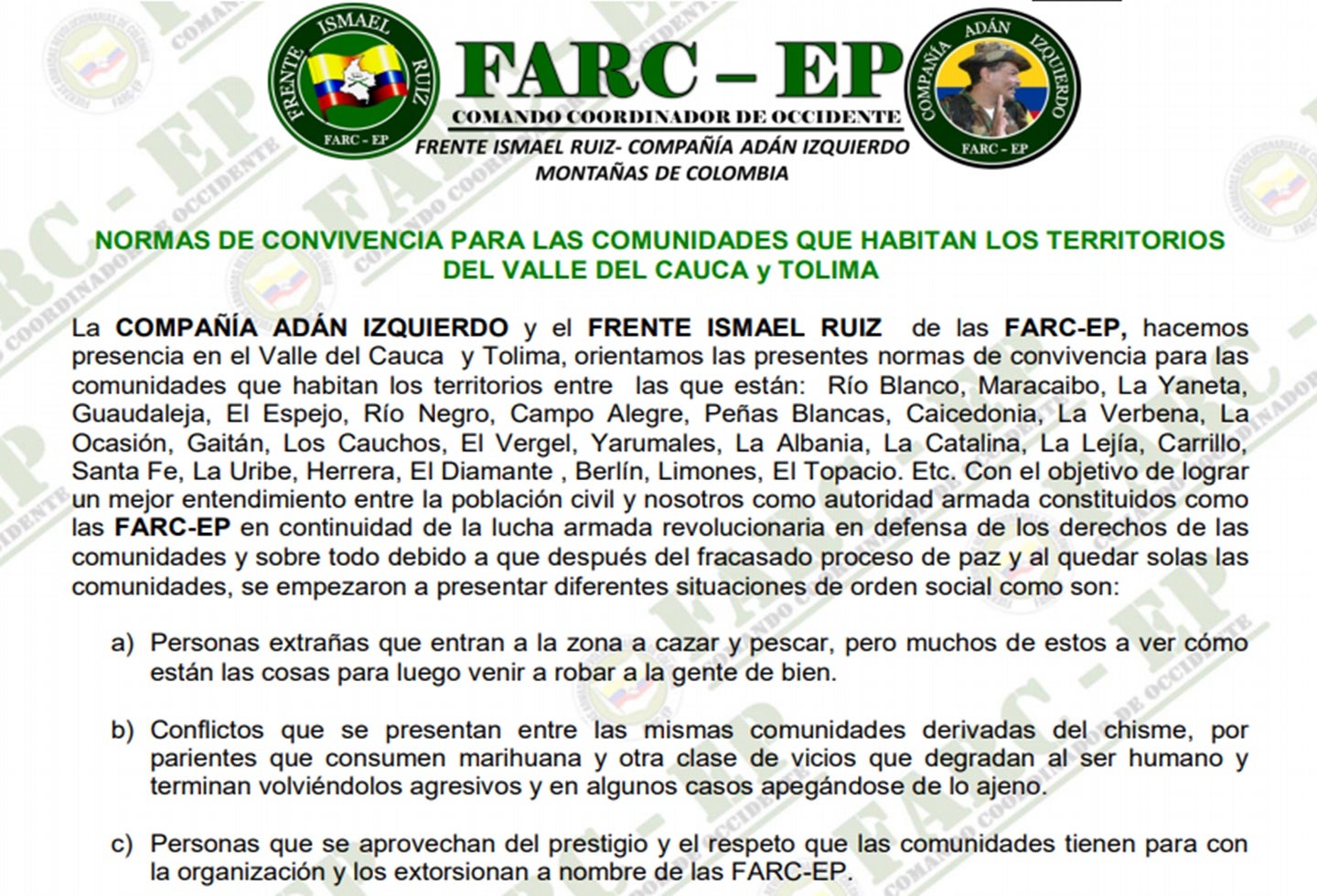 Publican presunto panfleto de las Farc con normas de convivencia en Valle del Cauca y Tolima