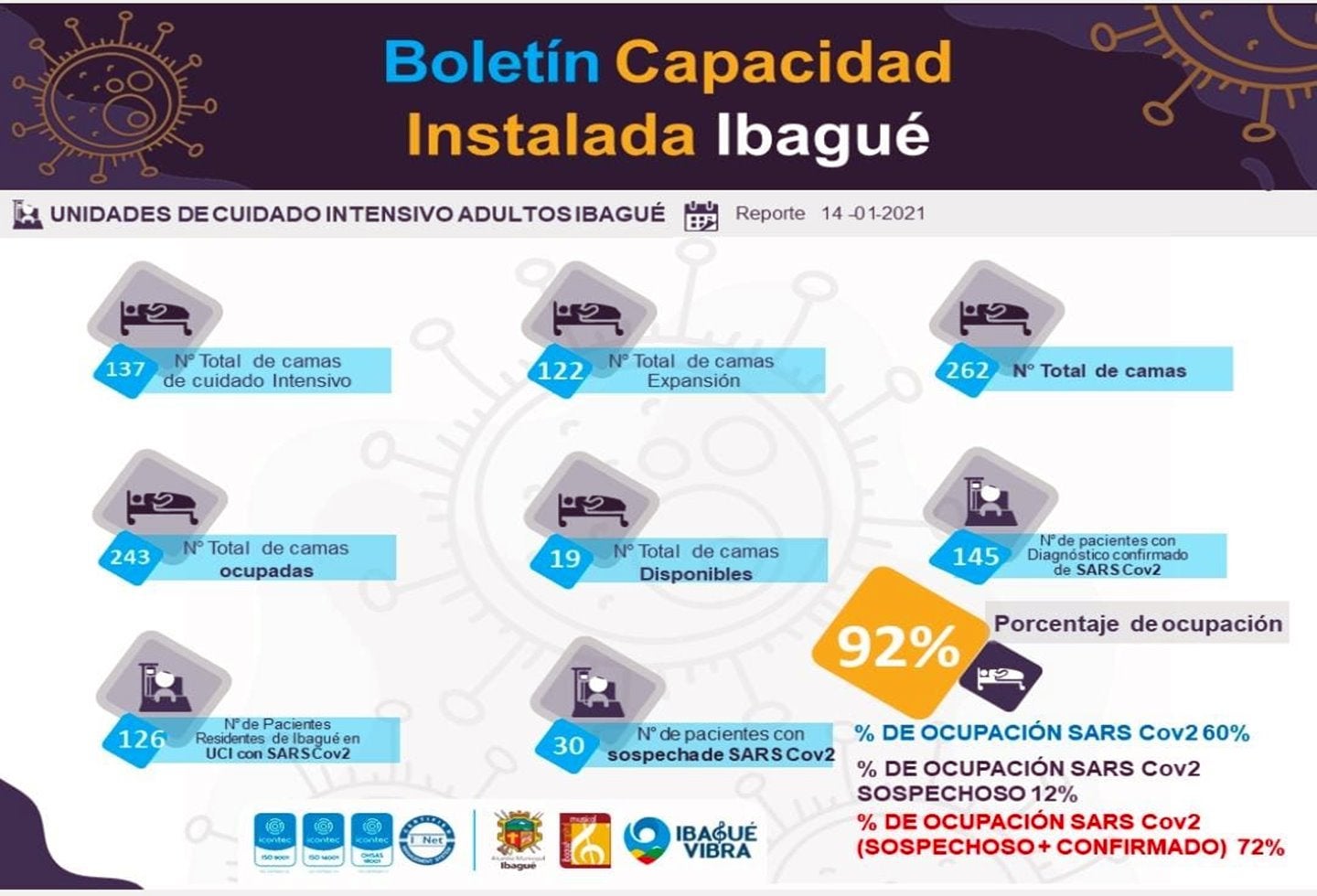 ocupación camas UCI corte 15 de enero Ibagué 2021