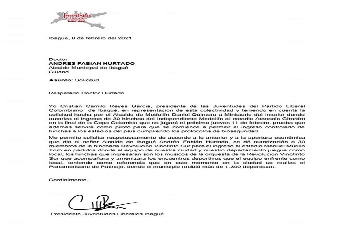Petición Cristian Reyes del partido Liberal en Ibagué