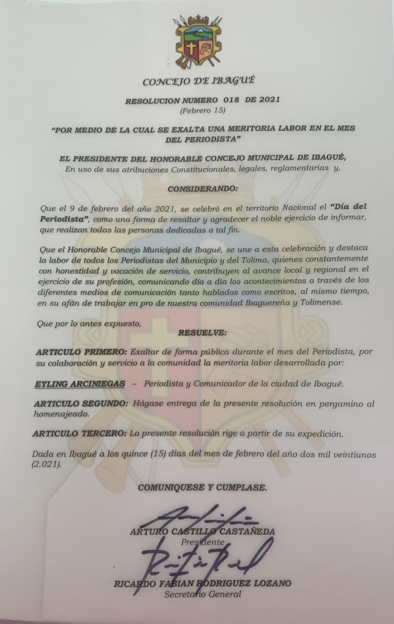 Exaltación concejo de Ibagué