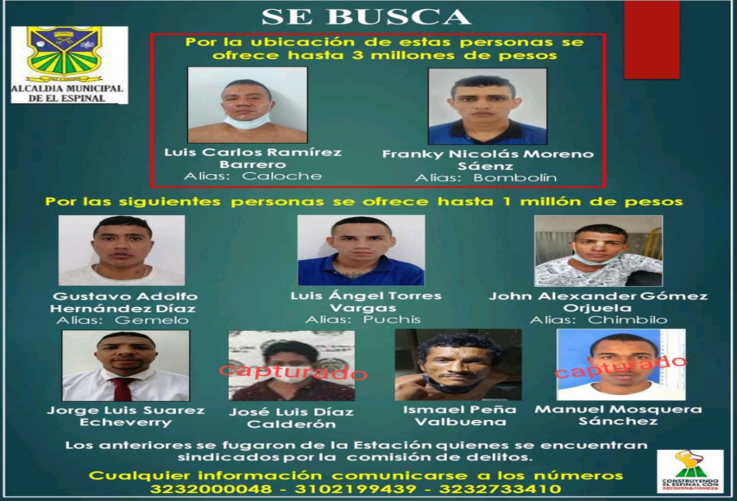 Ofrecen 3 millones de recompensa para quien brinde información de los fugados en El Espinal