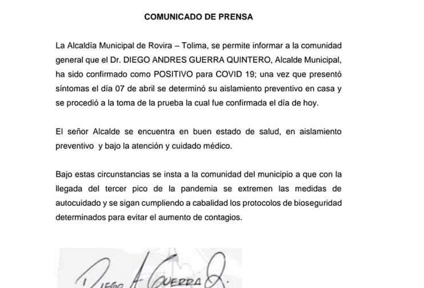Alcalde de Rovira positivo para Covid-19 2021