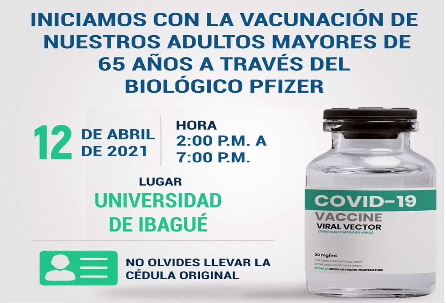 Vacunación para mayores de 65 años en Ibagué