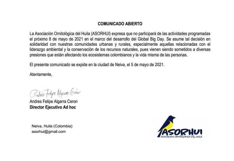 El Huila no participará en el Global Big Day