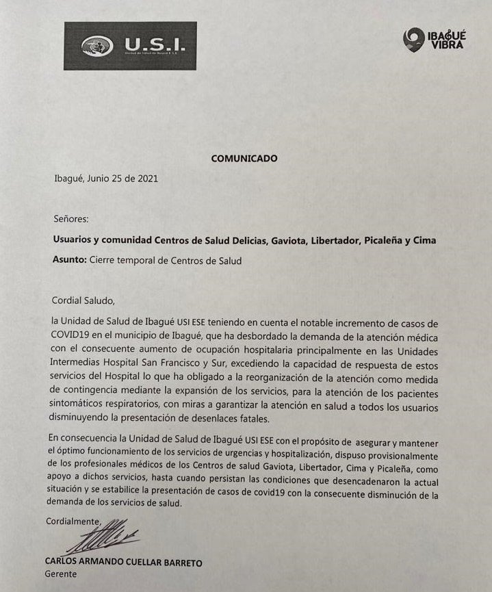 Comunicado de prensa USI del Hospital San Francisco en Ibagué