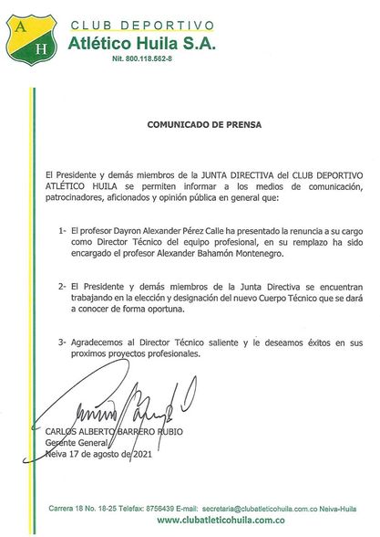 El Huila confirmó la salida de Dayron Pérez