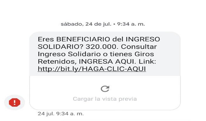 mensaje de texto estafa de Ingreso Solidario en Ibagué