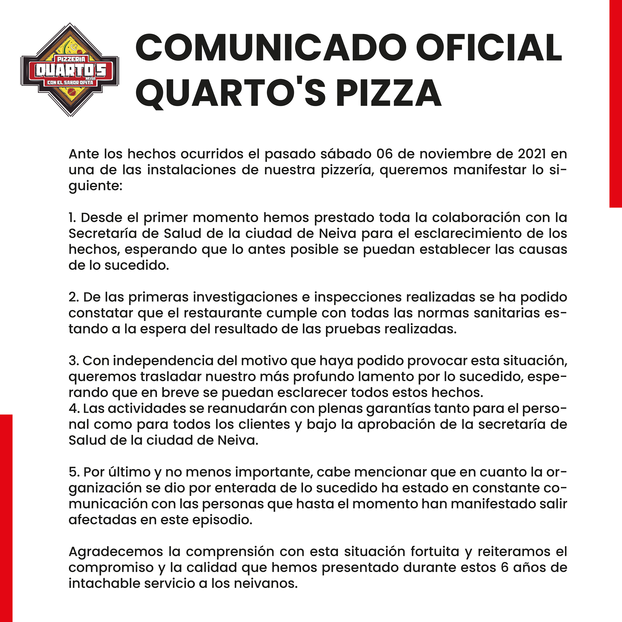 Investigan intoxicación masiva por consumo de pizza en Neiva