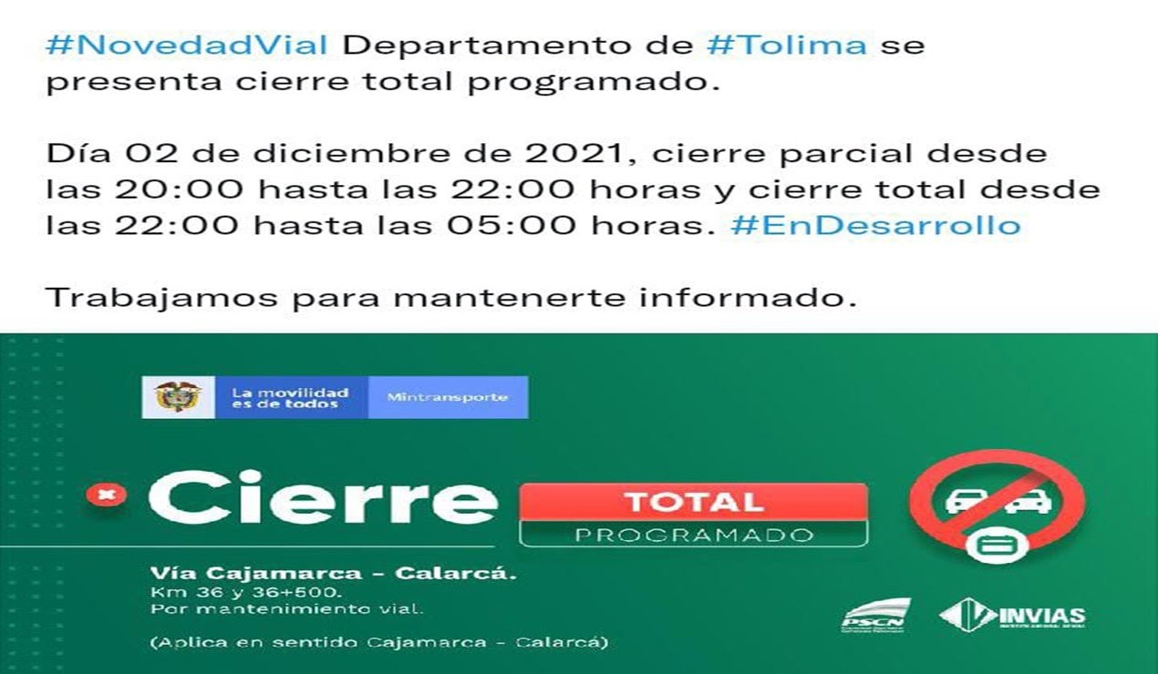 Cierre de la vía calarca cajamarca 2021
