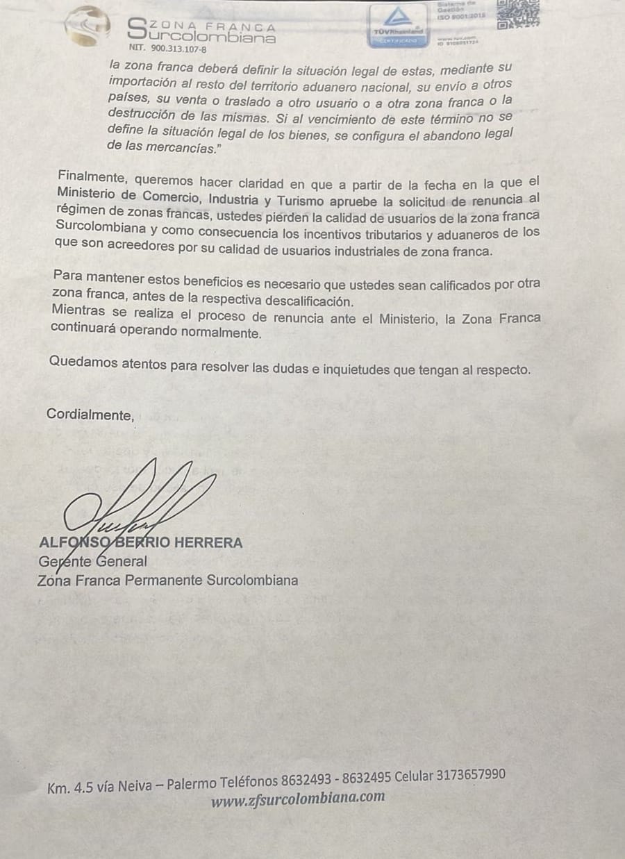 Zona franca Surcolombiana se acabaría en el Huila