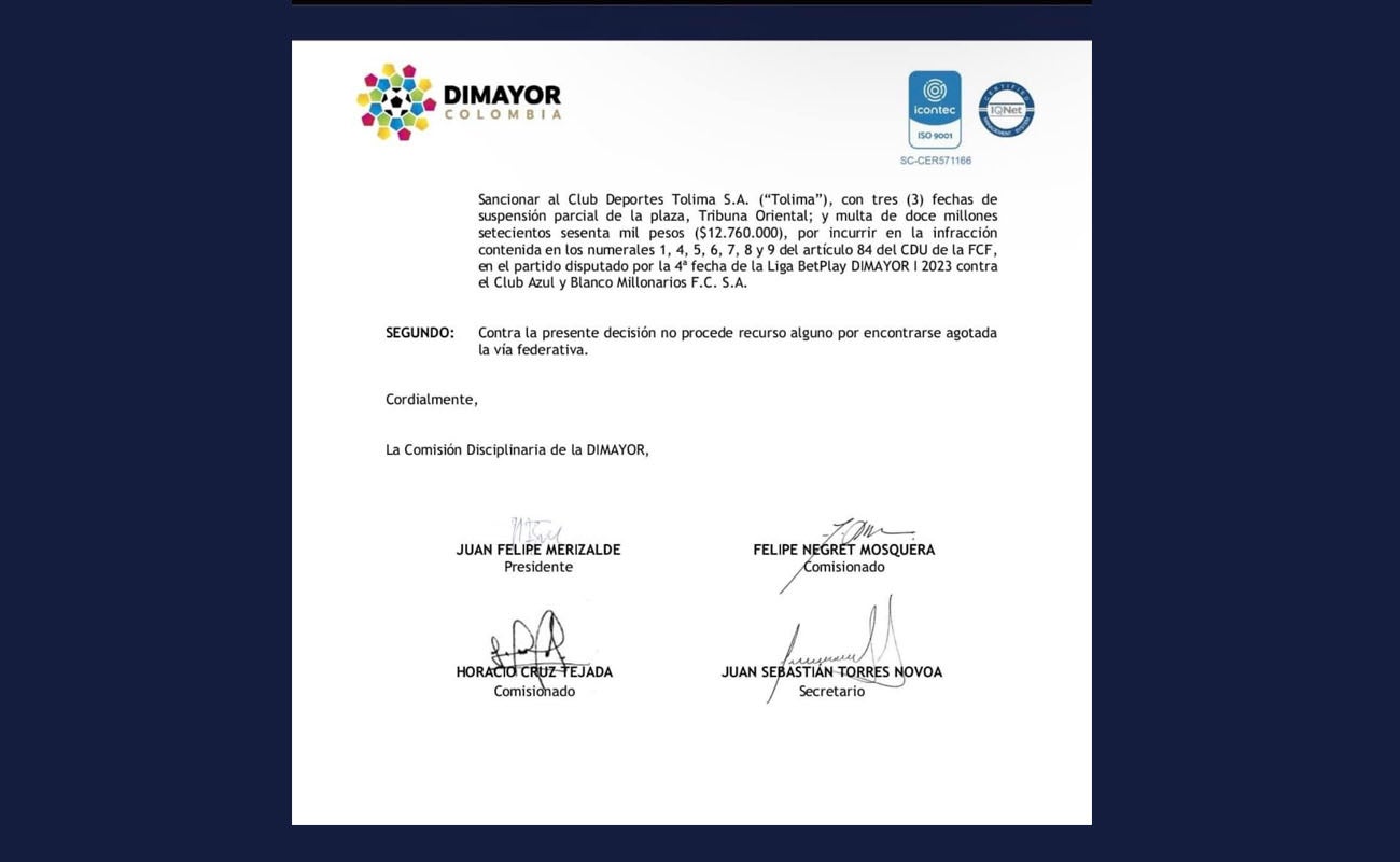 Comunicado Dimayor sanción al Deportes Tolima