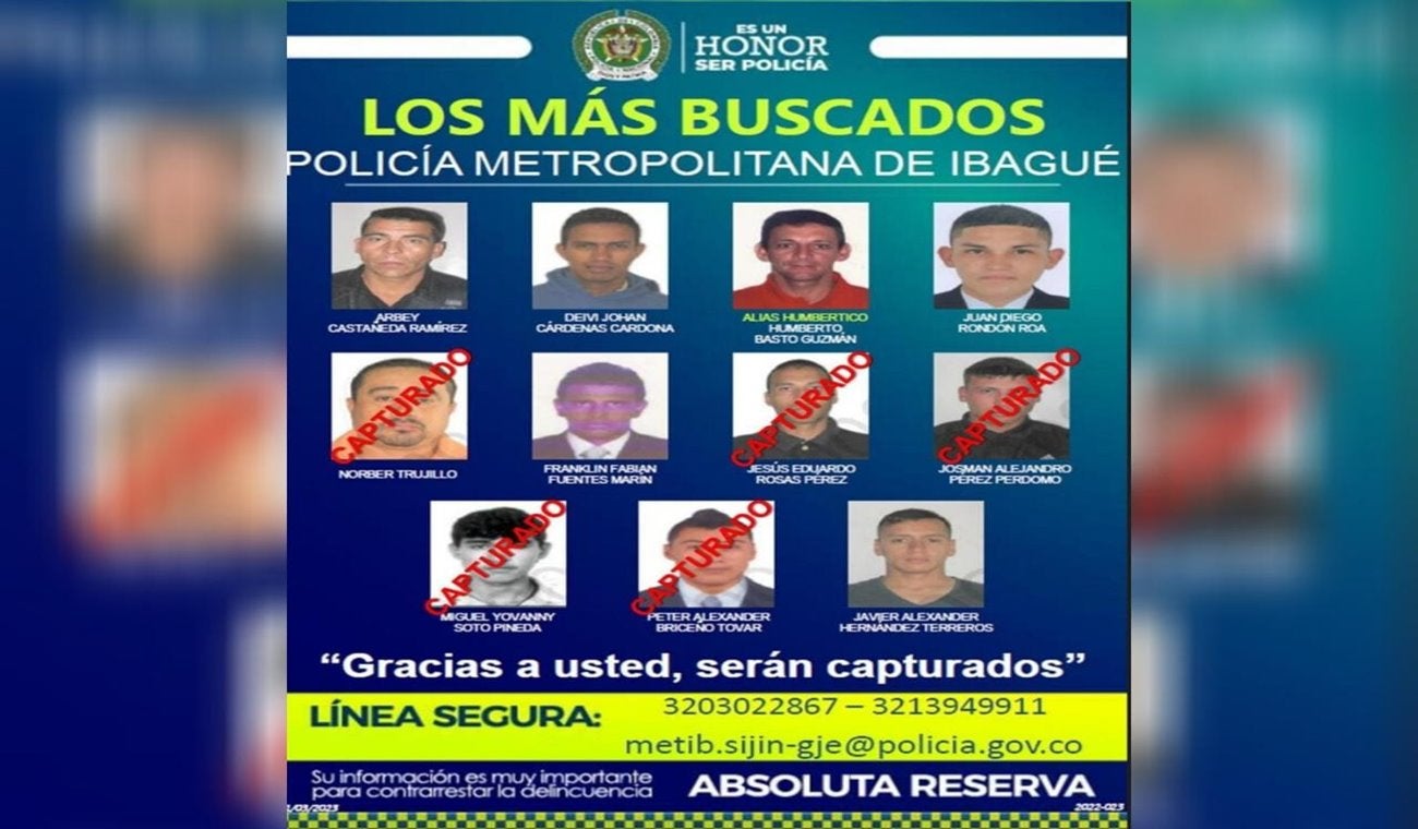 Capturaron cinco del cartel de los más buscados por la Policía Metropolitana de Ibagué