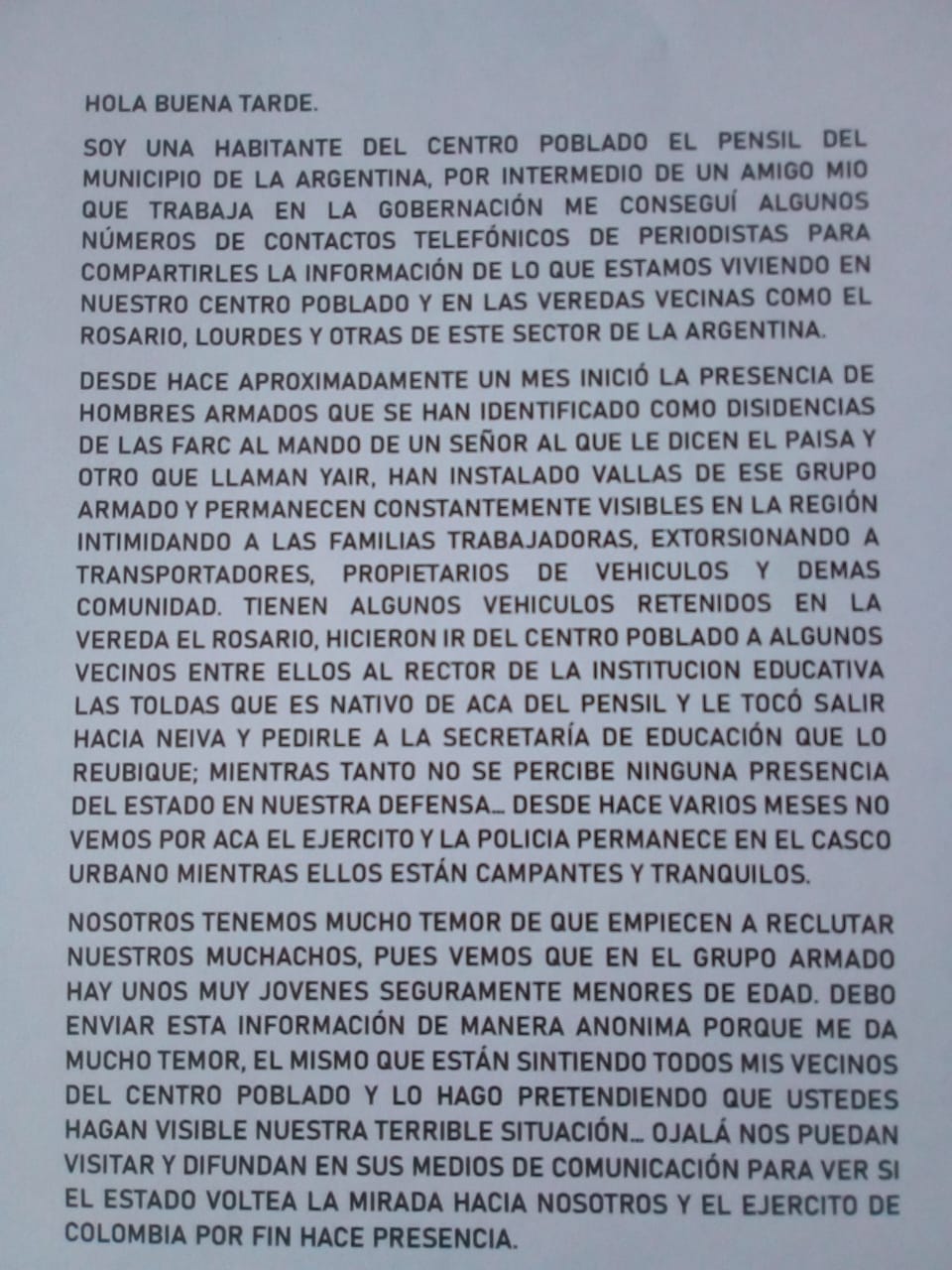 El Pensil, La Argentina, Huila