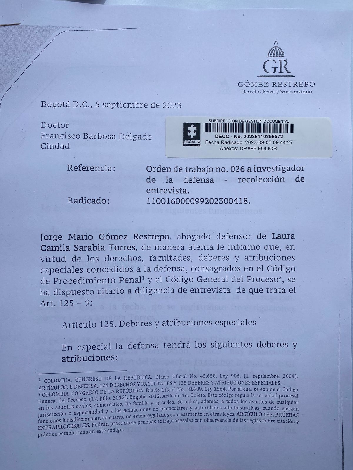 Petición a declarar al fiscal Francisco Barbosa