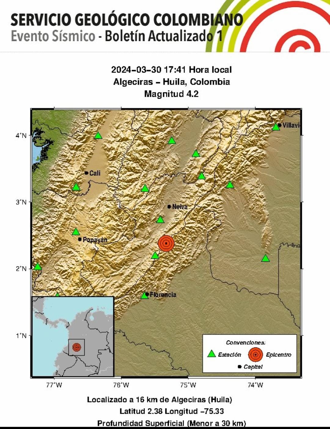 Sismo de 4.5 en Algeciras, Huila
