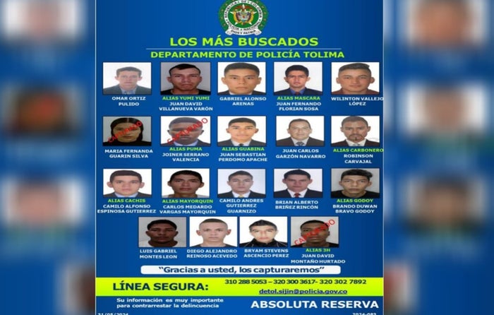 Autoridades dieron a conocer el cartel de los 20 más buscados del Tolima