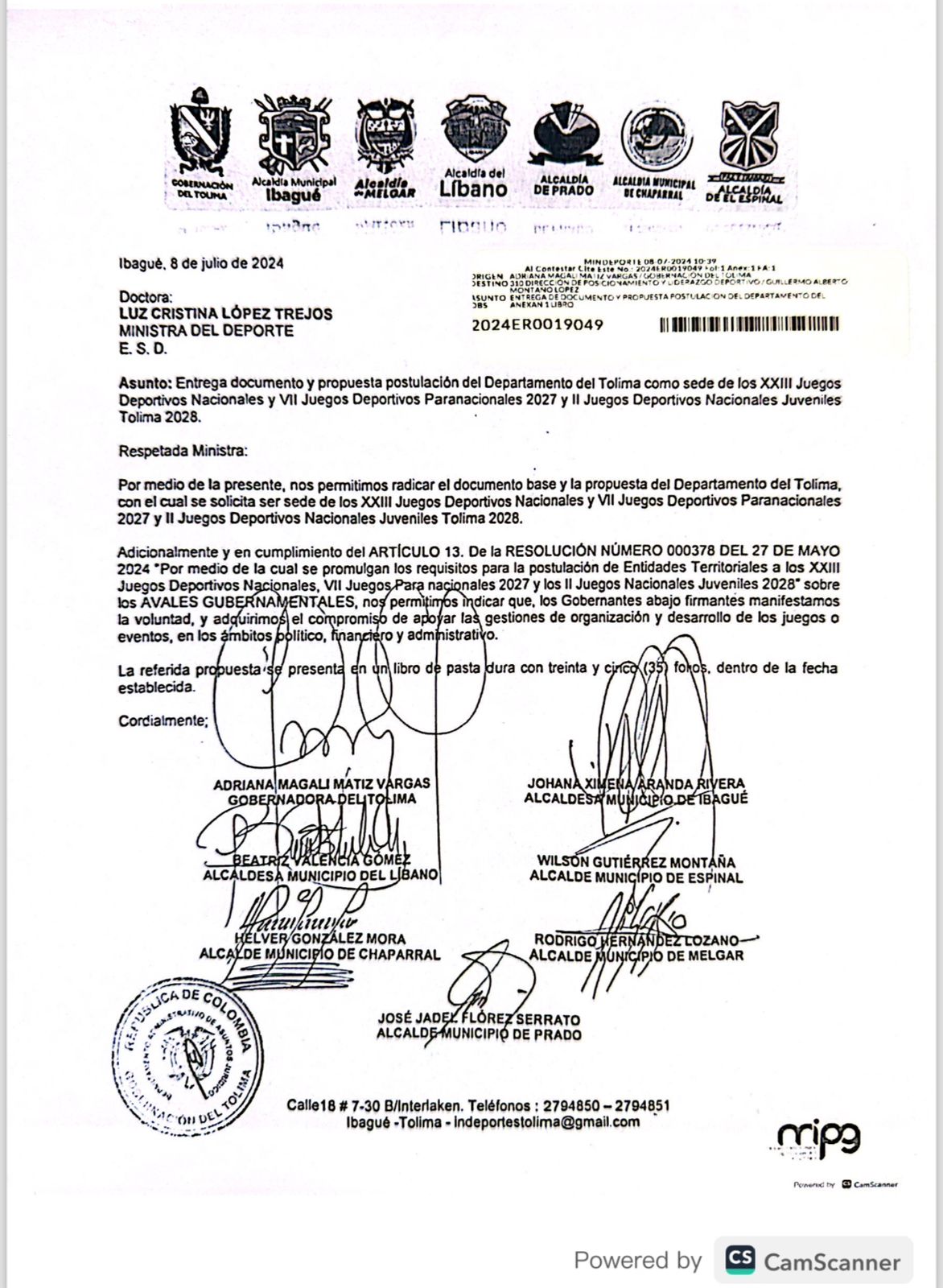 La propuesta formal del Tolima, para ser sede de los Juegos Nacionales 2027