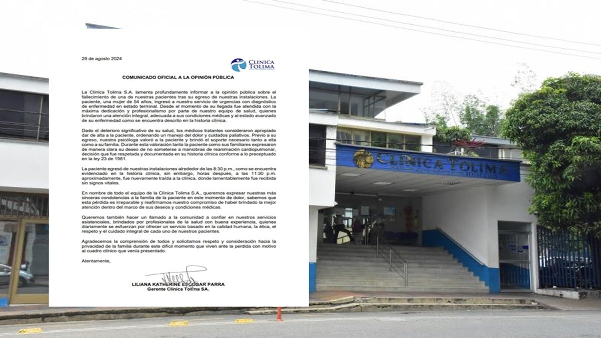 Se pronuncia la Clínica Tolima sobre el caso de la paciente que murió después de ser dada de alta