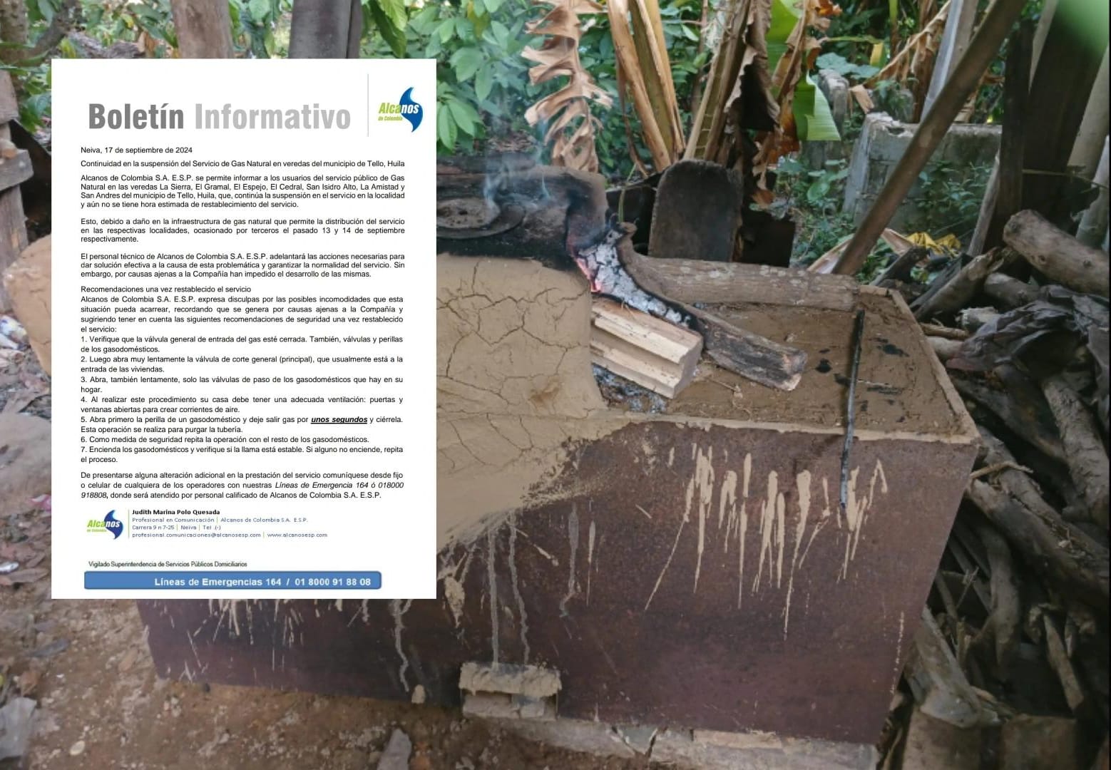 Cerca de 600 familias de la zona rural de Tello, Huila continúan sin servicio de gas