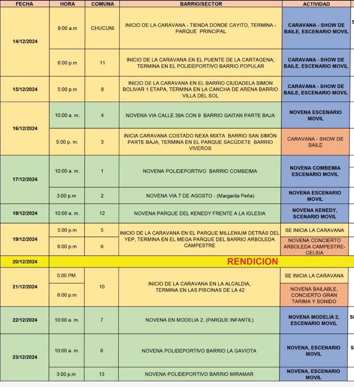 Cronograma alcaldía de Ibagué navidad
