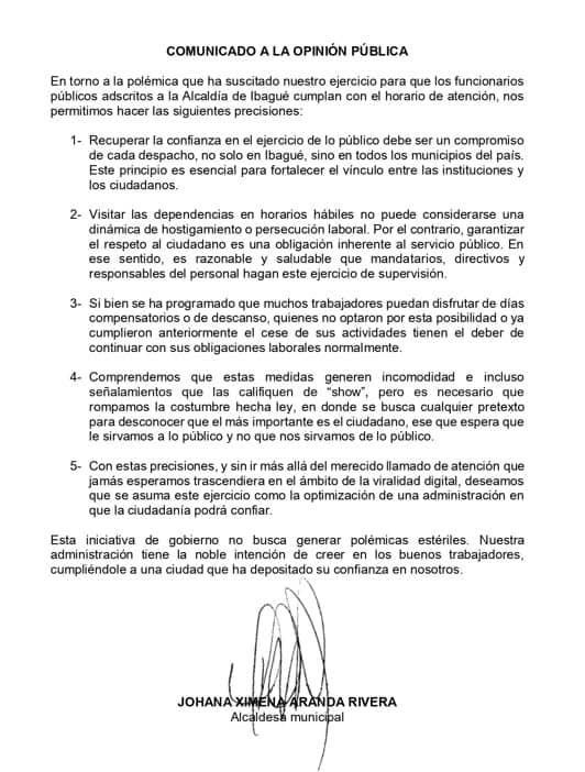 Comunicado a la opinión pública, Alcaldía de Ibagué