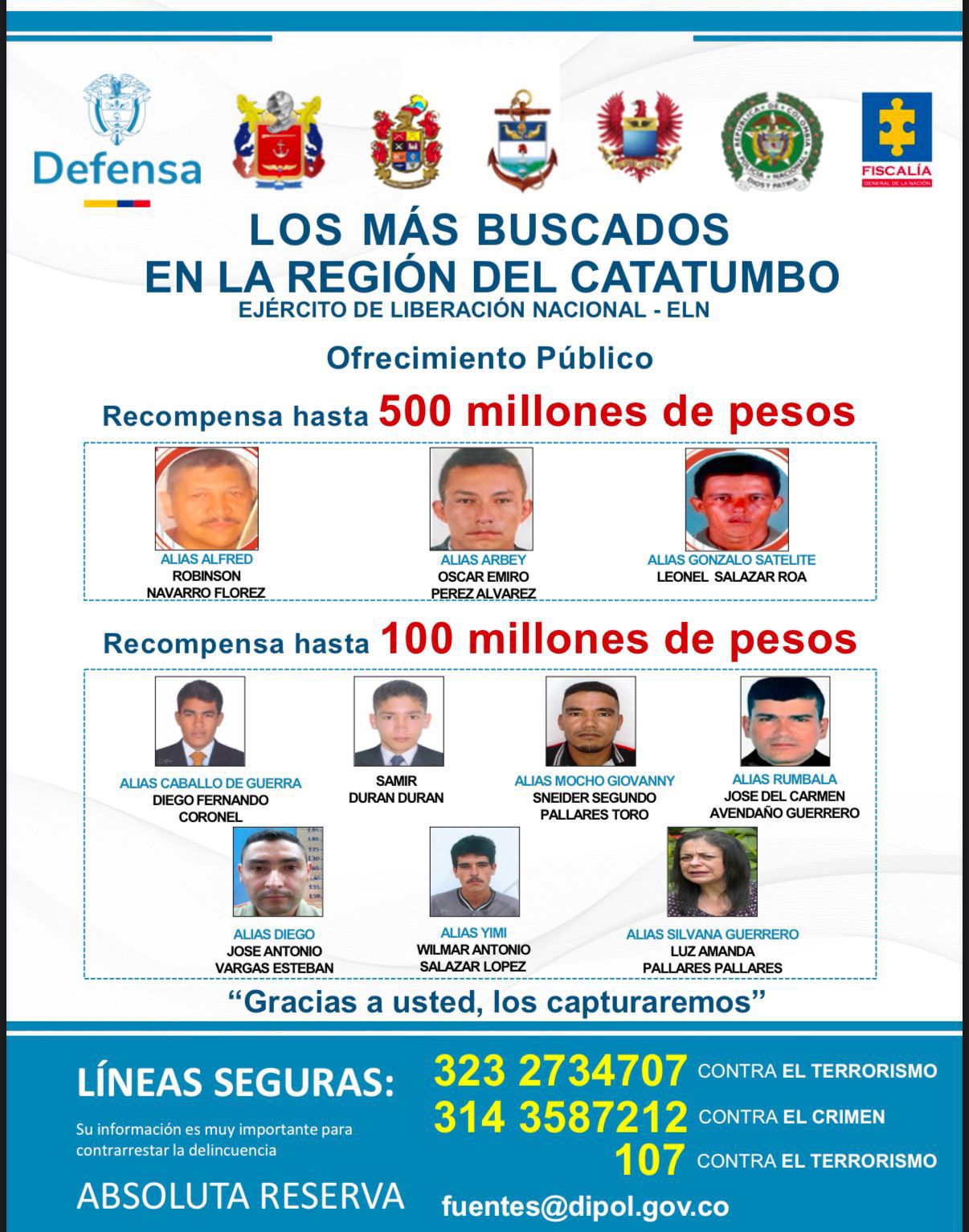 También se ofrece una recompensa de 100 millones de pesos por cabecillas de estructuras