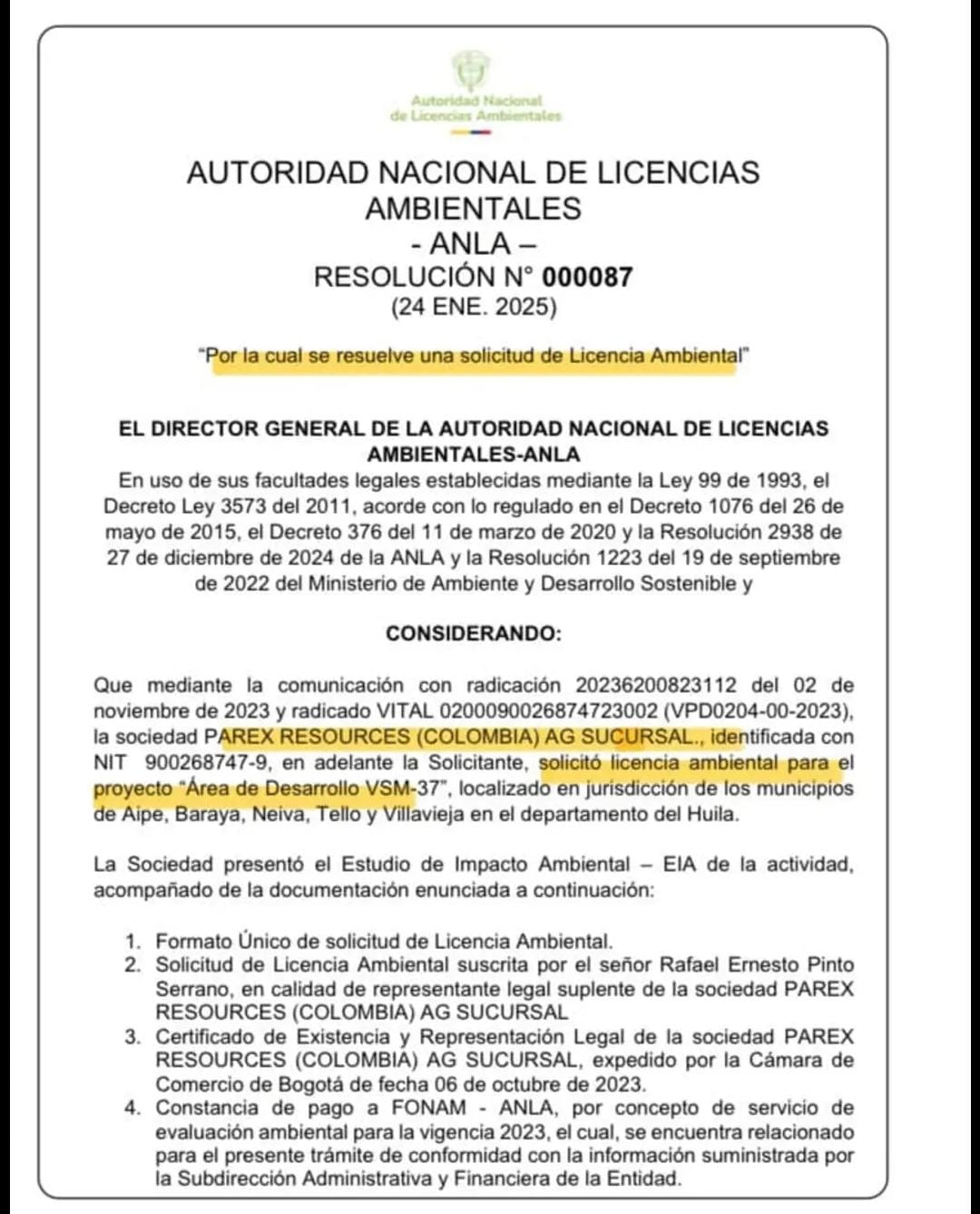 El proyecto denominado, área de Desarrollo VSM-37.