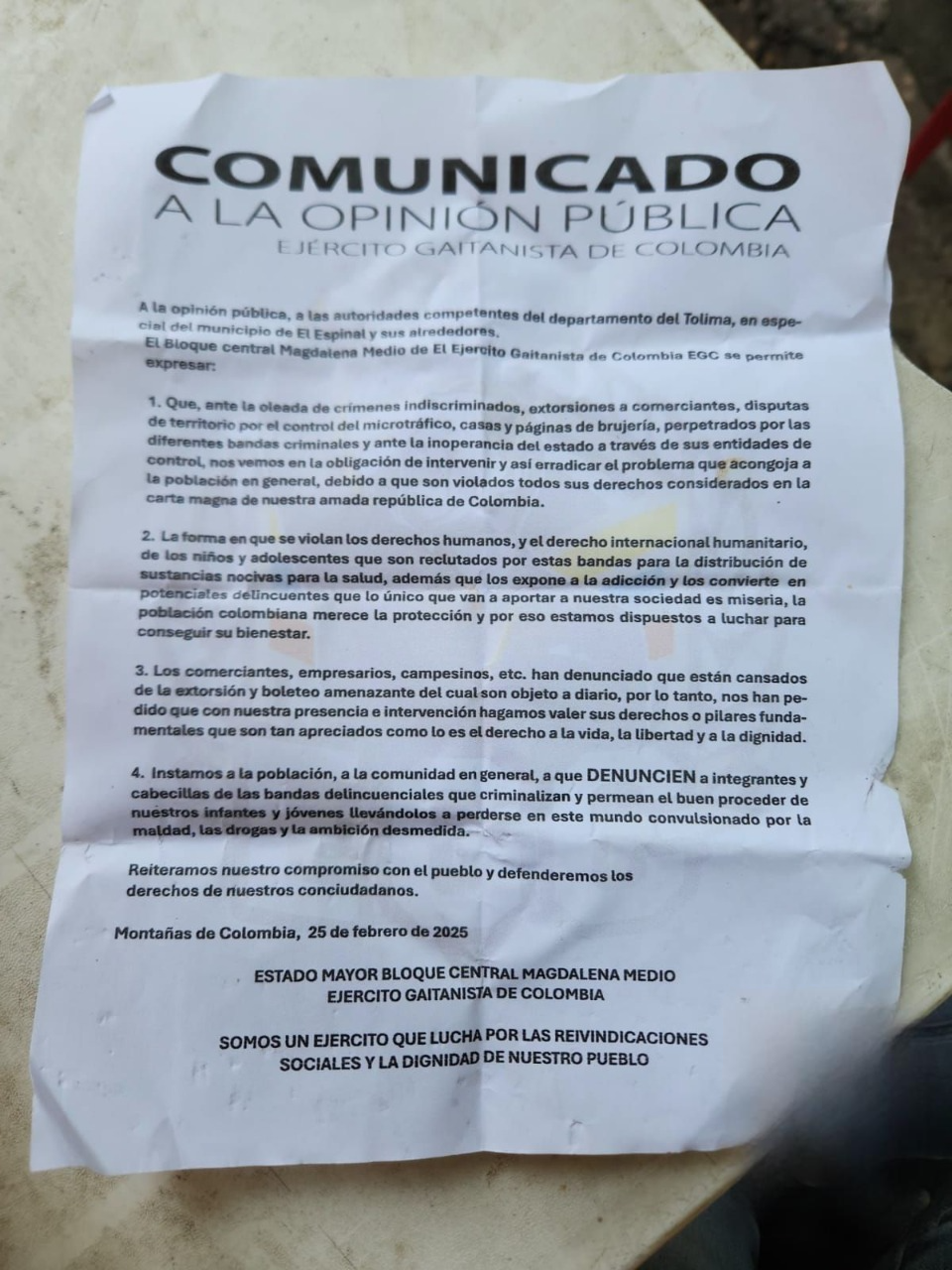 Aparición de panfletos genera preocupación en El Espinal: Policía analiza su origen