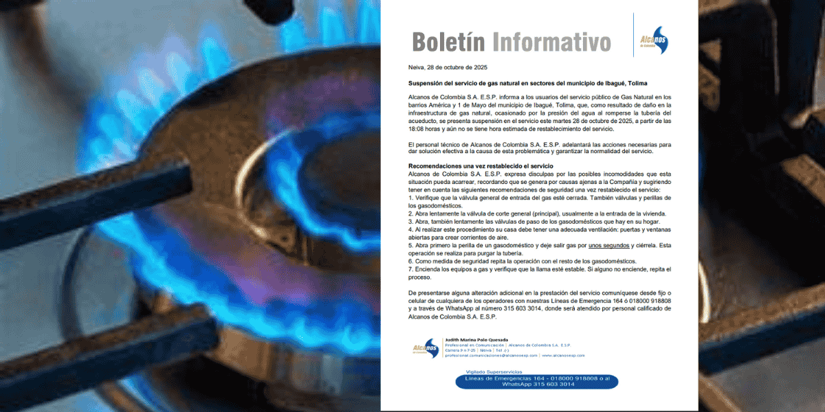 Interrupción temporal del servicio de gas natural afecta a varios sectores de Ibagué