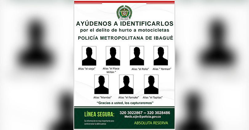 Difunden cartel de los más buscados por hurto de motocicletas en Ibagué