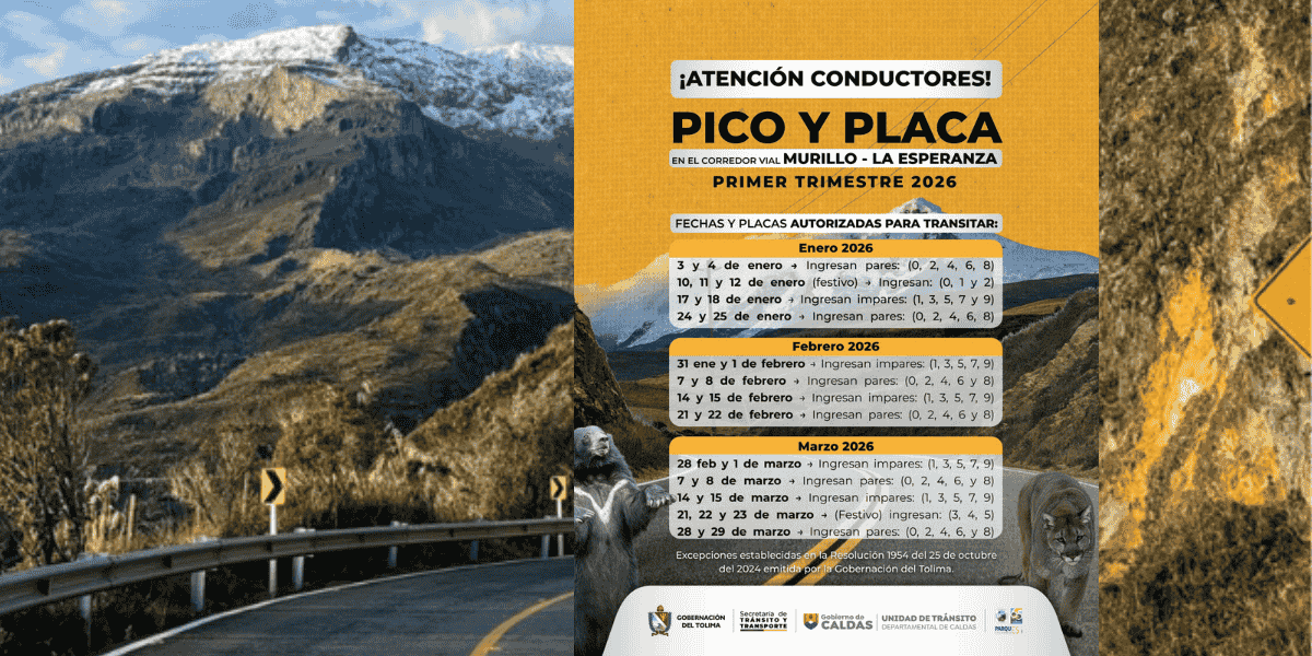 Definen restricción vehicular en el corredor Murillo – La Esperanza durante el primer trimestre de 2026