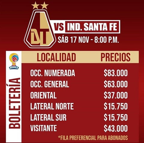 Listos los precios de boletería para Tolima vs Santa Fe en Ibagué