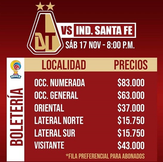 Listos los precios de boletería para Tolima vs Santa Fe en Ibagué