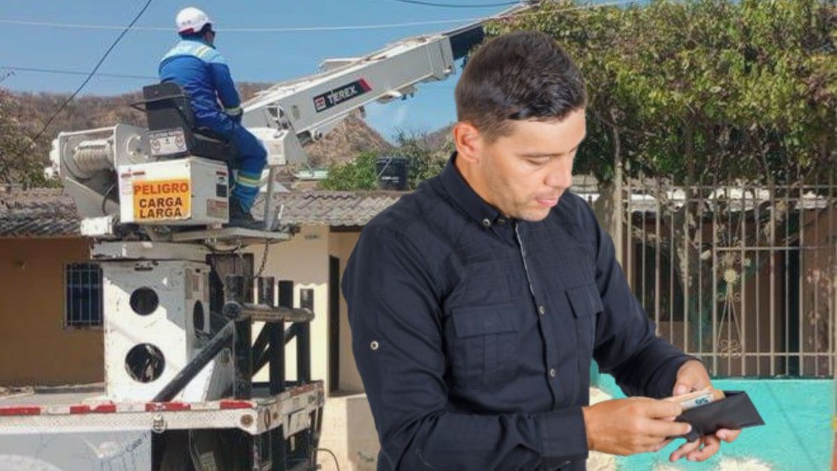 Técnicos de luz de Air-e /hombre preocupado por el dinero con una billetera