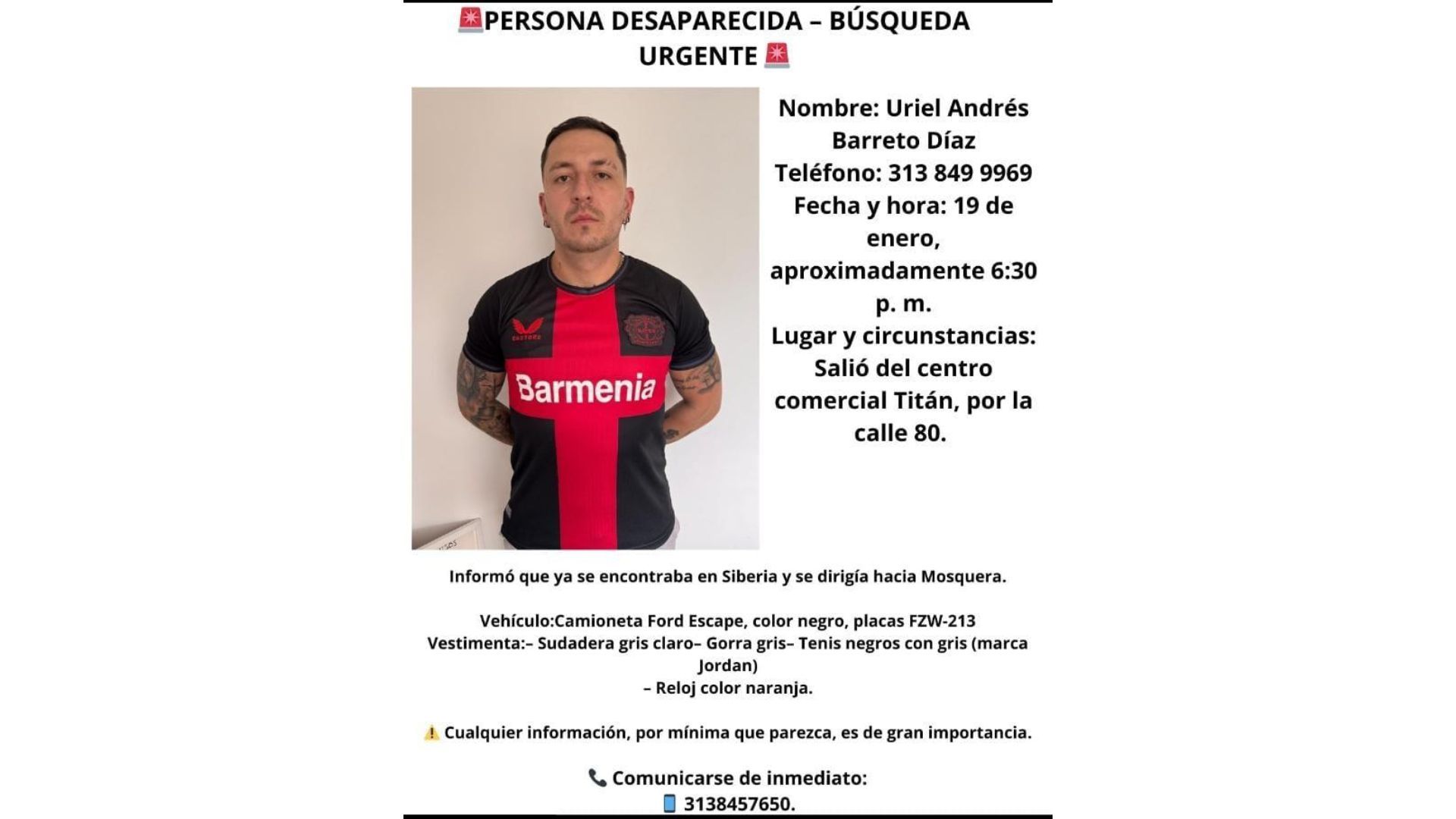 Afiche de búsqueda de Uriel Andrés Barreto