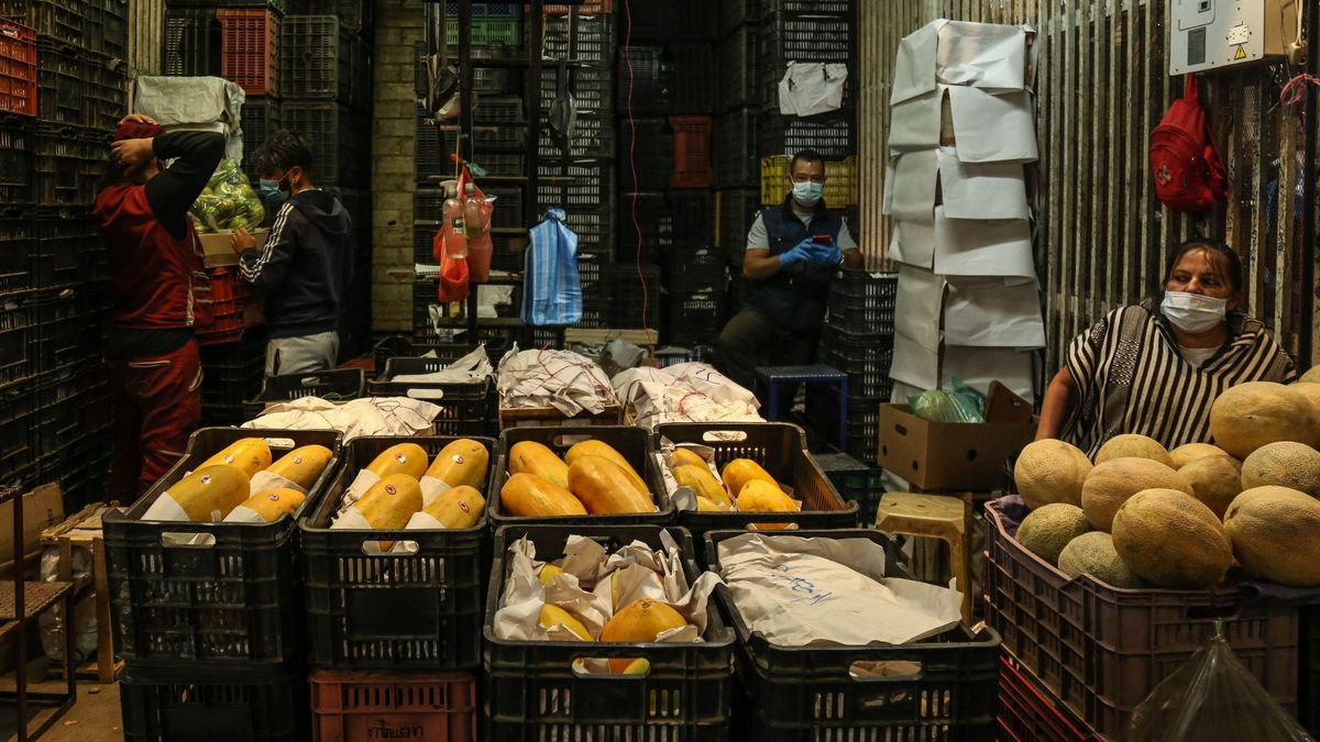 Cajas con papaya y otras frutas que se venden en Corabastos