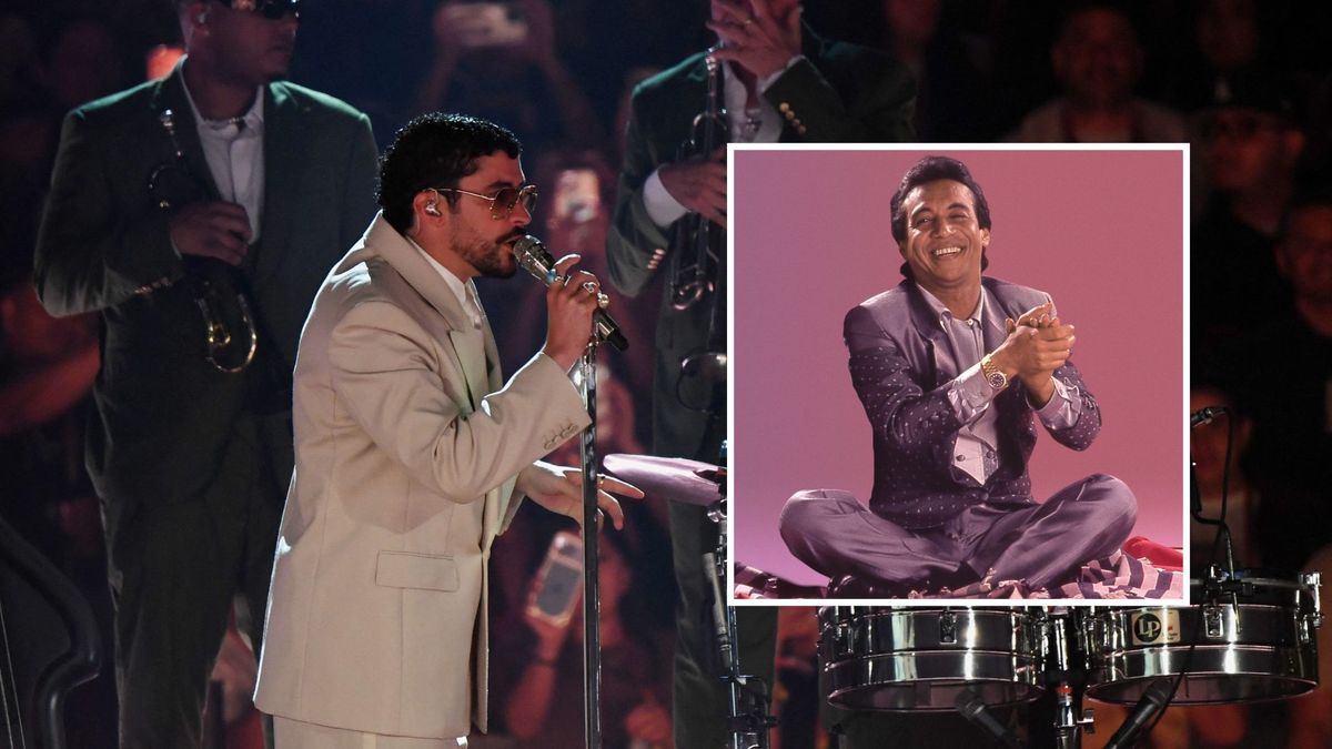 Foto de Bad Bunny en su concierto en Medellín y Diomedes Díaz