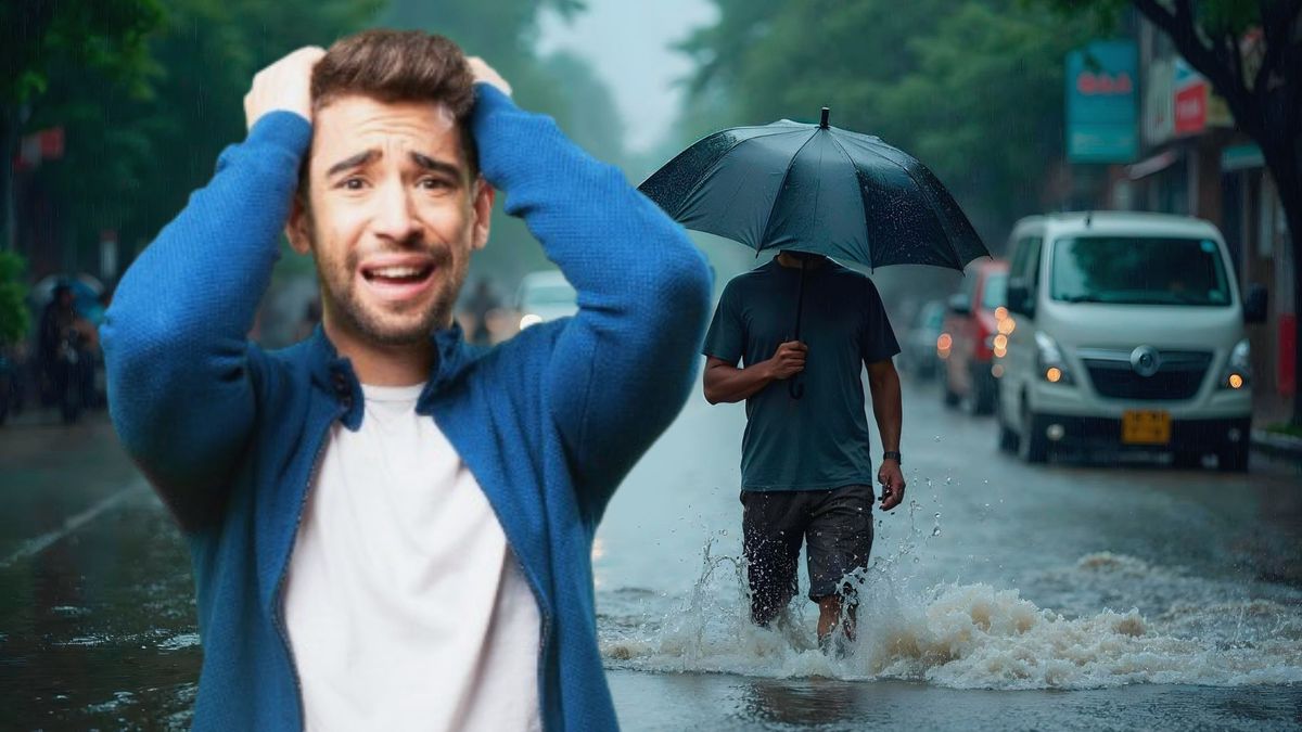 Hombre con paraguas en calles inundadas y otro sujeto preocupado (imagen de referencia)