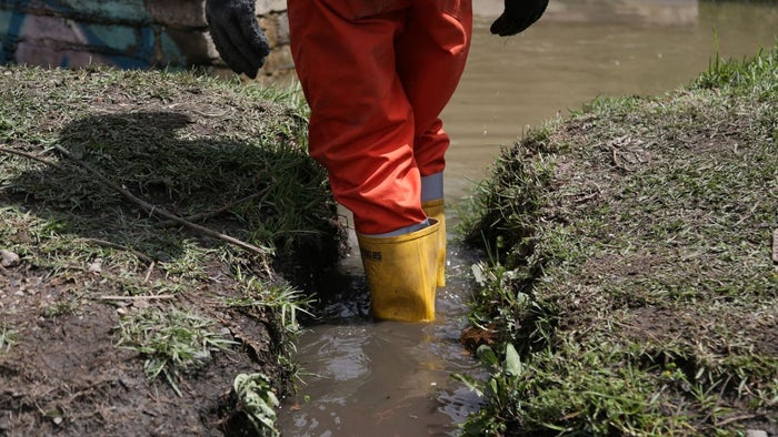 Personal de organismos de socorro caminando en el agua