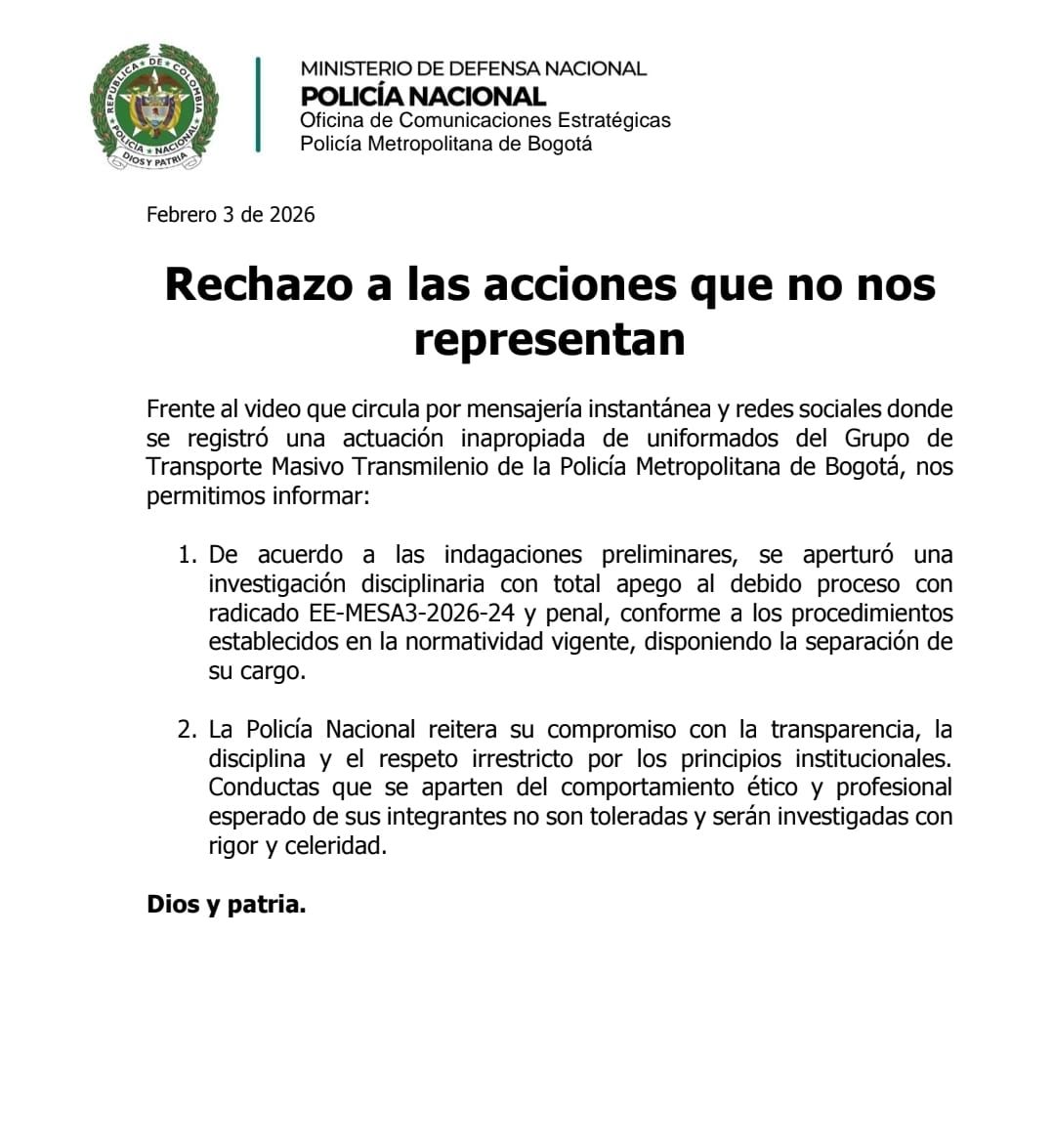 Comunicado de la Policía Metropolitana de Bogotá sobre la riña de uniformados